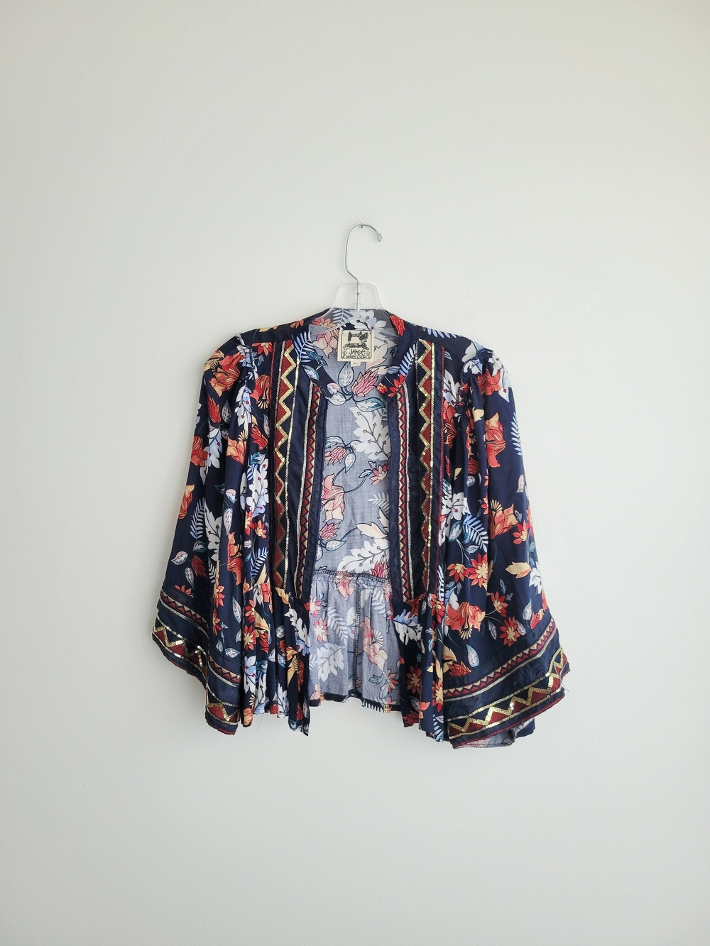 NWOT JAASE Navy Floral Sequin Trim Opn Front Kimono